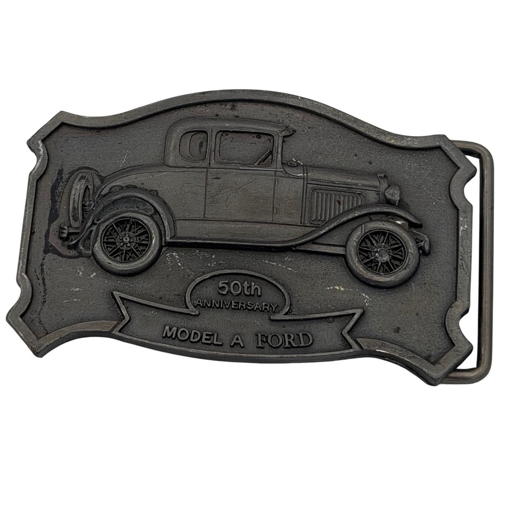 Vintage 1976 HAAS 50th Anniversary Model A Ford Belt Buckle Pewter Tone Metal